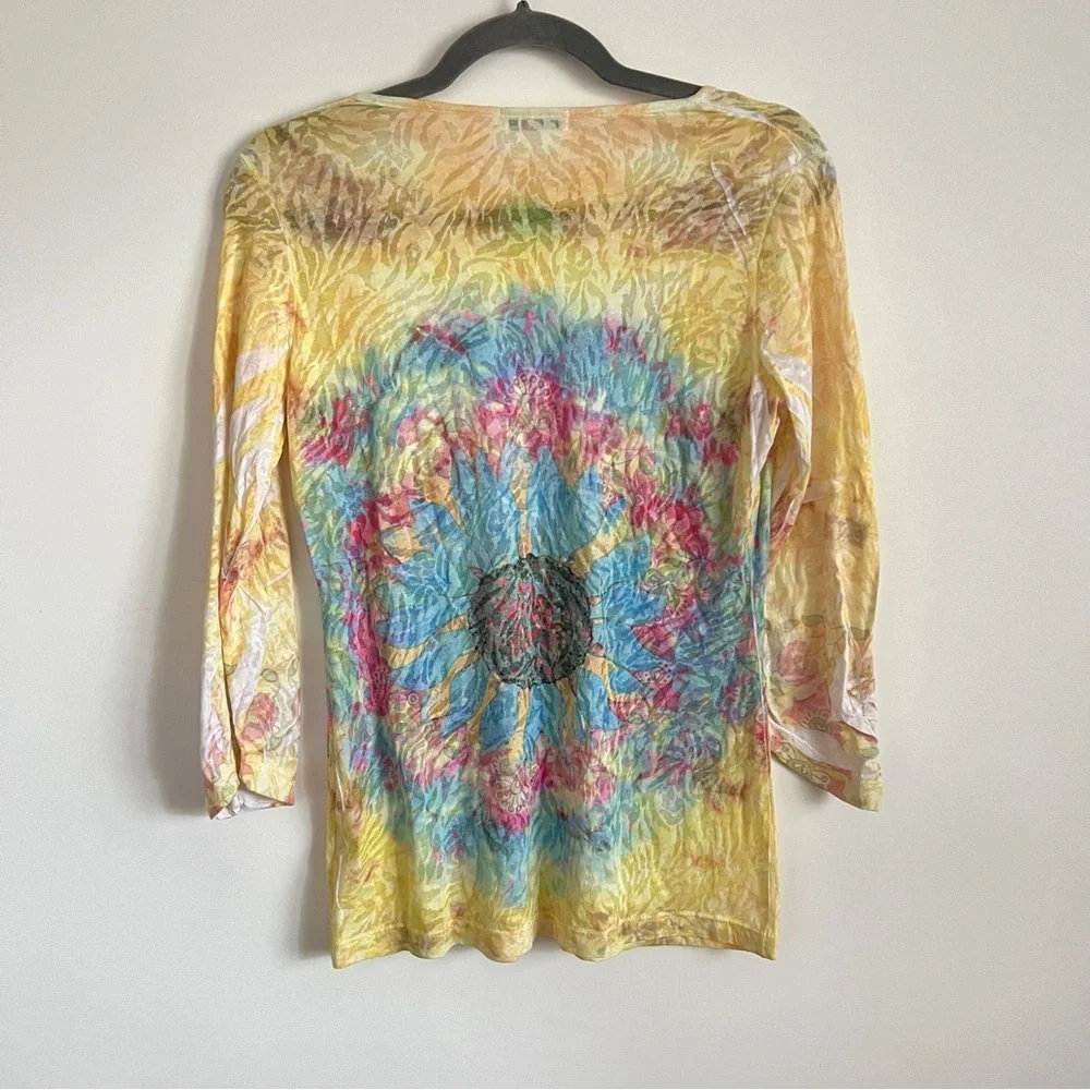 Y2K Boho Fairy Top with Psychedelic Sun Print & Gold Studded Neckline Size M - Picture 5 of 7